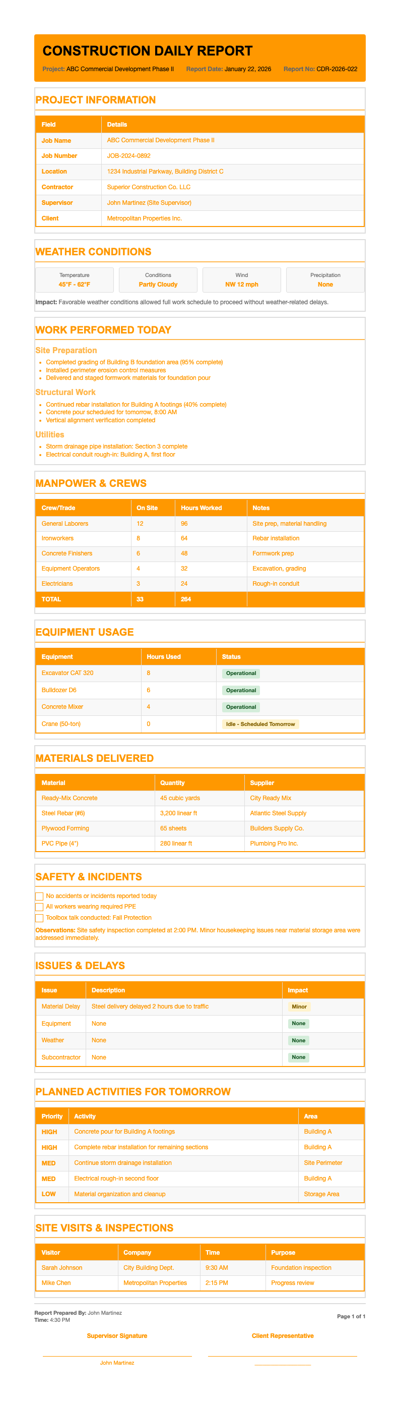 Equipment Log Construction Daily Report